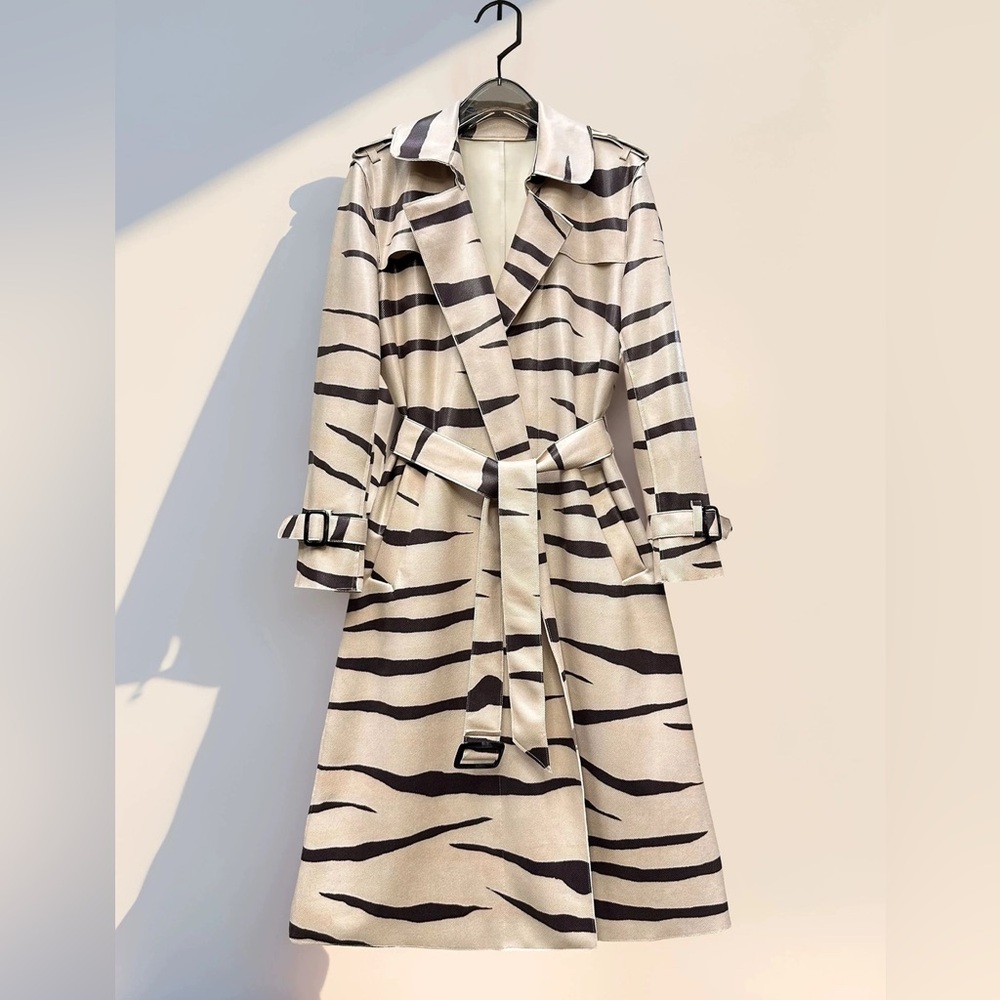 Elegant Zebra Print Belted Lapel Trench - Picture 5 of 11